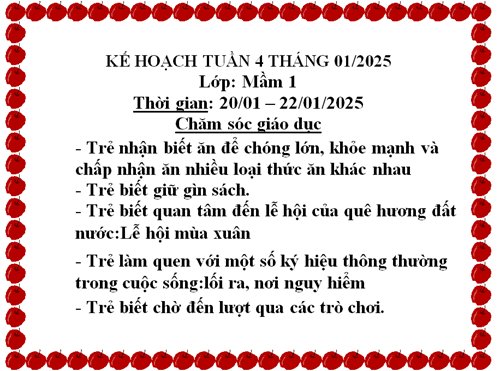 kế hoạch chăm sóc giáo dục lớp mầm 1 tuần 4 tháng 1
