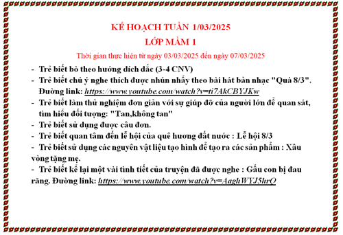 kế hoạch chăm sóc giáo dục lớp mầm 1 tuần 1 tháng 3