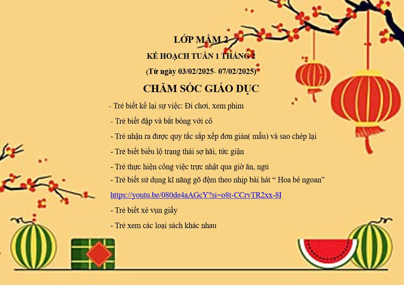 kế hoạch chăm sóc giáo dục lớp mầm 2 tuần 1 tháng 2