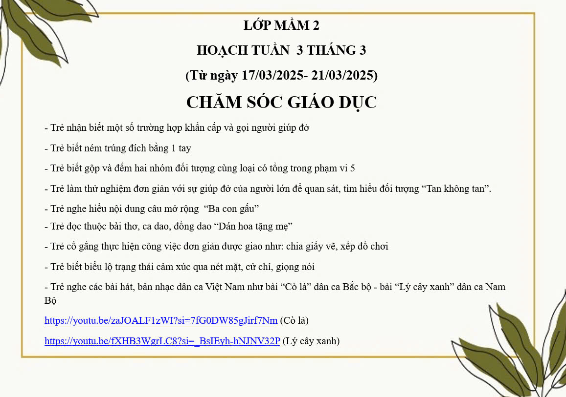 kế hoạch chăm sóc giáo dục lớp mầm 2 tuần 3 tháng 3