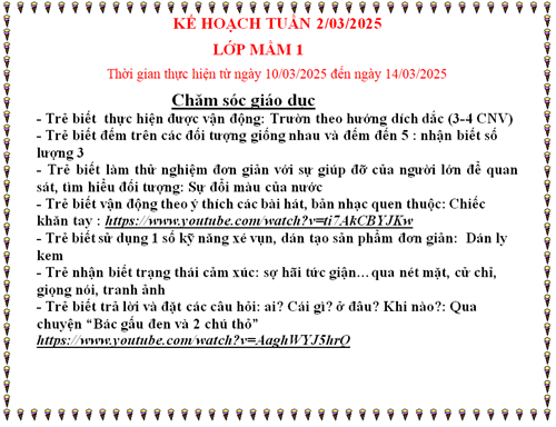 kế hoạch chăm sóc giáo dục lớp mầm 1 tuần 2 tháng 3