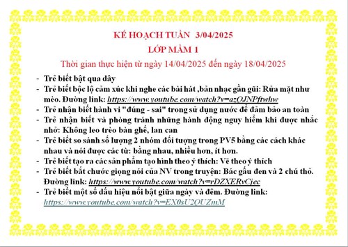kế hoạch chăm sóc giáo dục lớp mầm 1 tuần 3 tháng 4