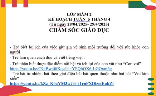 kế hoạch chăm sóc giáo dục lớp mầm 2 tuần 5 tháng 4