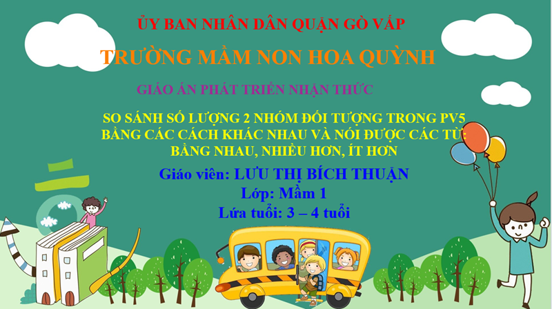so sánh 2 nhóm đối tượng trong phạm vi 5 bằng cách khác nhau và nói được các từ: Bằng nhau, nhiều hơn, ít hơn