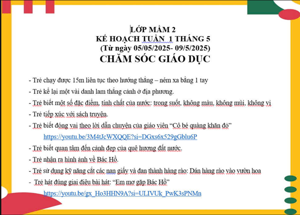 kế hoạch chăm sóc giáo dục lớp mầm 2 tuần 1 tháng 5