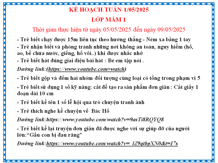kế hoạch chăm sóc giáo dục lớp mầm 1 tuần 1 tháng 5