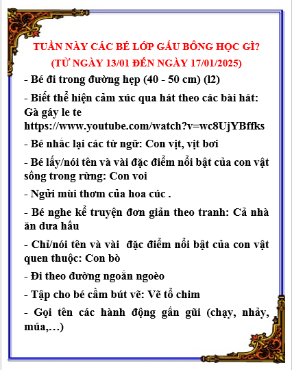 Kế hoạch chăm sóc giáo dục lớp Gấu Bông từ 13/01/2025 đến 17/01/2025
