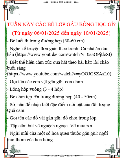 Kế hoạch chăm sóc giáo dục lớp Gấu Bông từ 06/01/2025 đến 10/01/2025