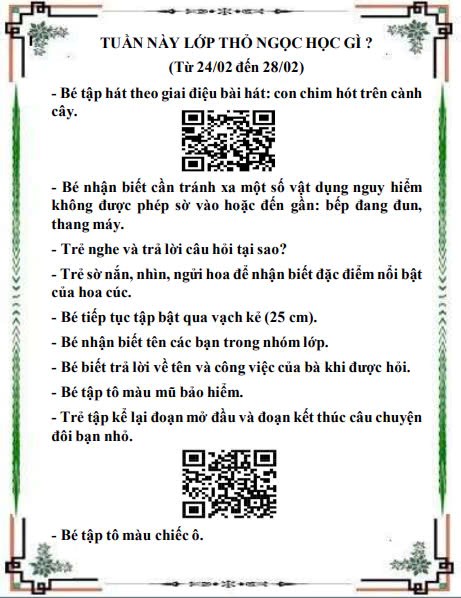 Kế hoạch chăm sóc giáo dục lớp Thỏ Ngọc từ 24/02/2025 đến 28/02/2025