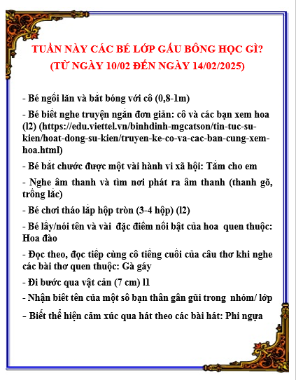 Kế hoạch chăm sóc giáo dục lớp Gấu Bông từ 10/02/2025 đến 14/02/2025