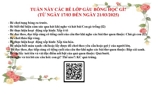 Kế hoạch chăm sóc giáo dục lớp Gấu Bông từ 17/03/2025 đến 21/03/2025