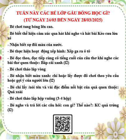 Kế hoạch chăm sóc giáo dục lớp Gấu Bông từ 24/03/2025 đến 28/03/2025