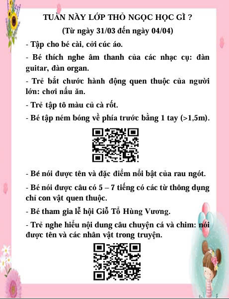 Kế hoạch chăm sóc giáo dục lớp Thỏ Ngọc từ ngày 31/03/2025 đến 04/04/2025