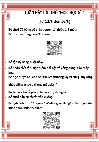Kế hoạch chăm sóc giáo dục lớp Thỏ Ngọc từ ngày 12/05/2025 đến ngày 16/05/2025