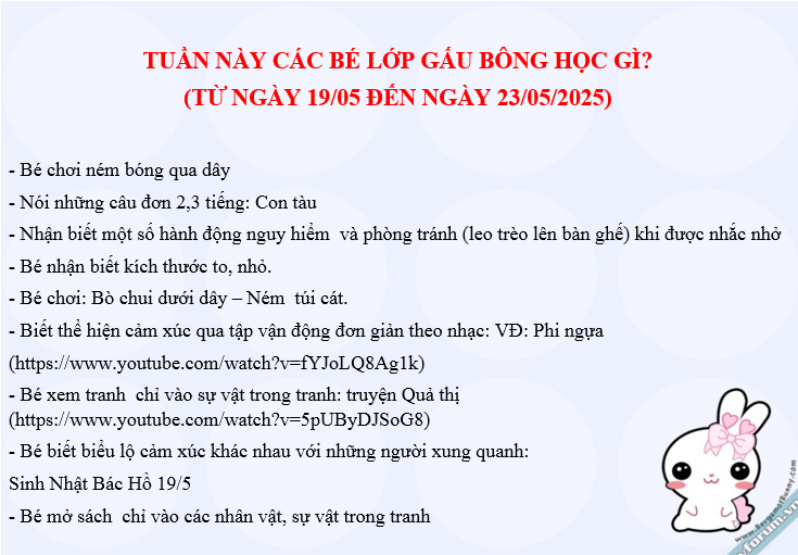 Kế hoạch chăm sóc giáo dục lớp Gấu Bông từ ngày 19/05/2025 đến ngày 23/05/2025