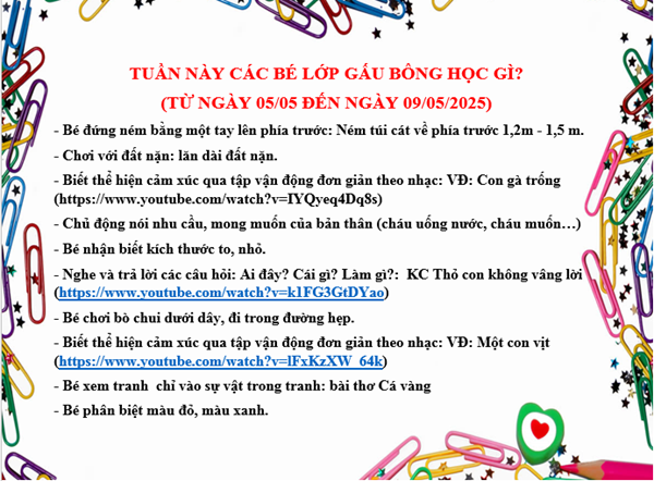 Kế hoạch chăm sóc giáo dục lớp Gấu Bông từ ngày 05/05/2025 đến ngày 09/05/2025