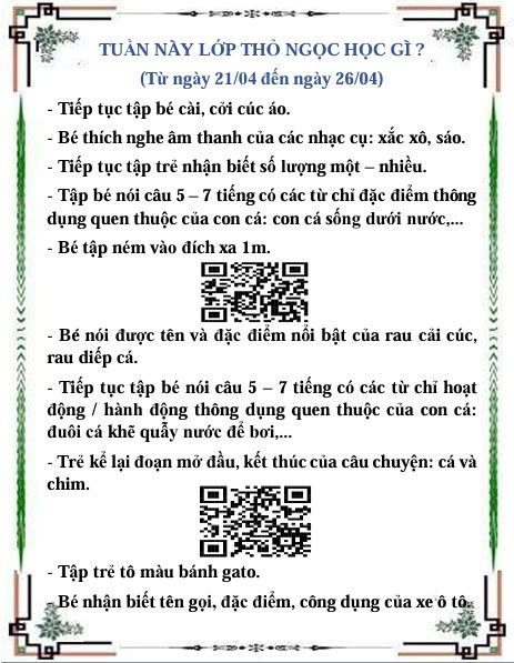 Kế hoạch chăm sóc giáo dục lớp Thỏ Ngọc từ ngày 21/04/2025 đến ngày 26/04/2025