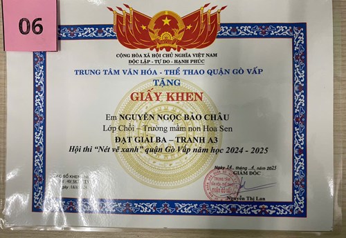 Bé Nguyễn Ngọc Bảo Châu Lớp Chồi đạt giải Ba - Tranh A3. Hội thi  Nét vẽ xanh  quận Gò Vấp năm học 2024-2025.