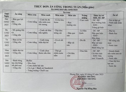 Thực đơn ăn uống trẻ Mẫu giáo từ 10/02/2025 đến 14/02/2025