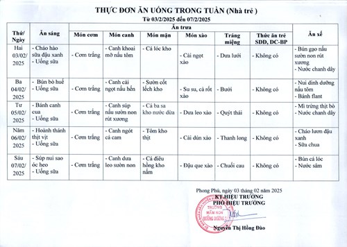 Thực đơn ăn uống  trẻ Nhà trẻ từ 03/02/2025 đến 07/02/2025