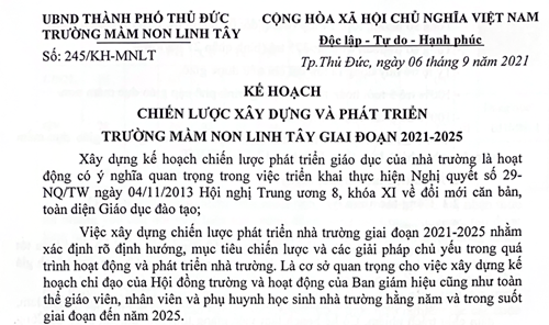Kế hoạch chiến lược xây dựng và phát triển Trường Mầm non Linh Tây giai đoạn 2021-2025