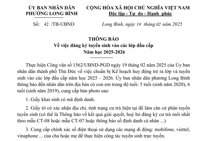 Thông báo về việc tuyển sinh đầu cấp năm học 2025-2026