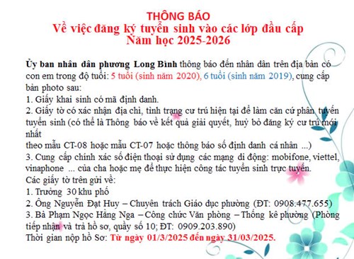 Thông báo về việc đăng kí tuyển sinh vào các lớp đầu cấp năm học: 2025-2026