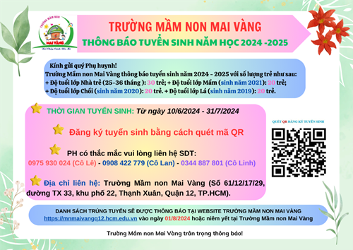 Thông báo Tuyển sinh Trường Mầm non Mai Vàng năm học 2024 - 2025