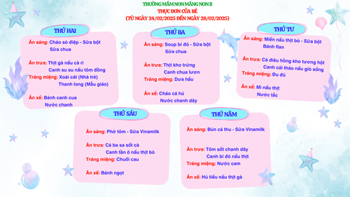 THỰC ĐƠN CỦA BÉ 
(Từ ngày 24/02/2025 đến ngày 28/02/2025)