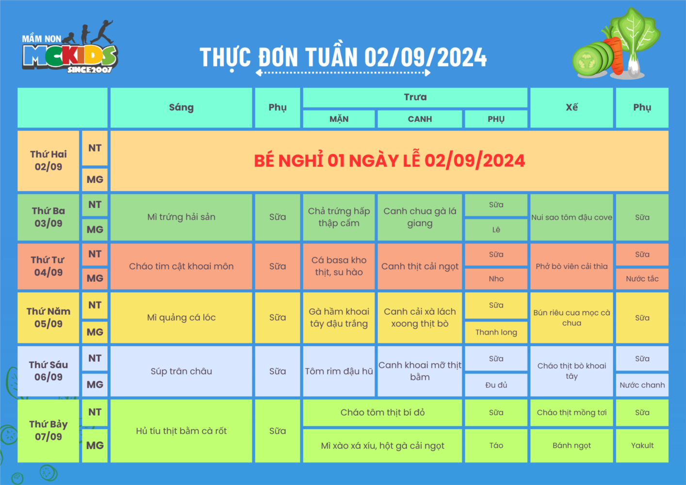 Thực đơn tuần từ 02/09/2024 - 07/09/2024