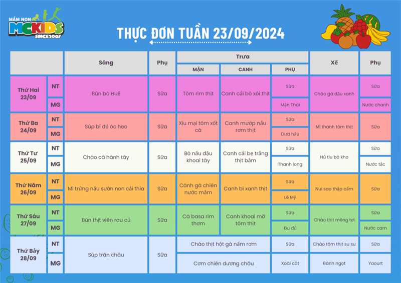 Thực đơn tuần từ 23/09/2024 - 28/09/2024
