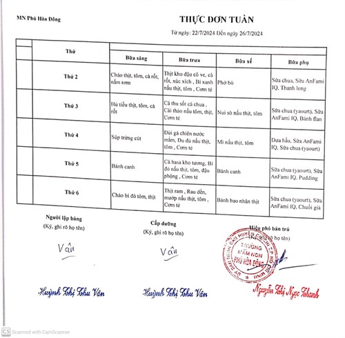 Thực đơn tuần 04 tháng 07 năm 2024