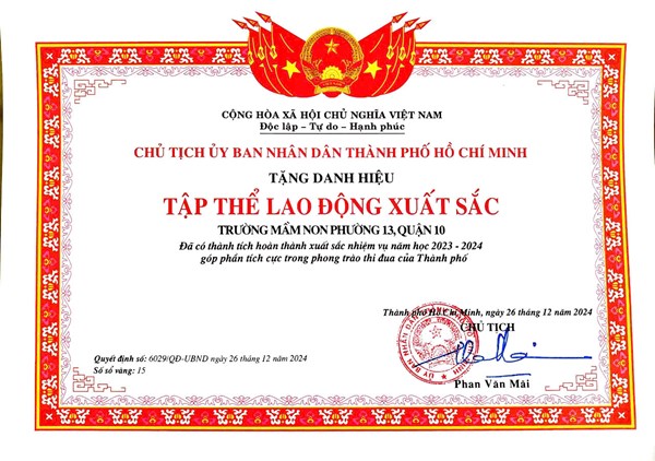 Trường Mầm non Phường 13 đạt thành tích  Tập thể lao động xuất sắc  năm học 2023-2024
