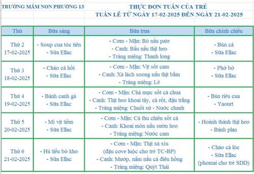 Thực đơn tuần từ 17.02.2025 đến 21.02.2025