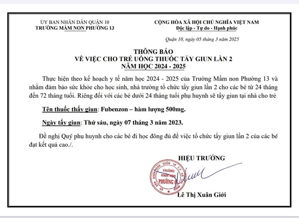 Thông báo về việc cho trẻ uống thuốc tẩy giun lần 2 năm học 2024 - 2025.