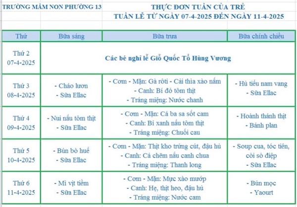 Thực đơn tuần từ 07.4.2025 đến 11.4.2025