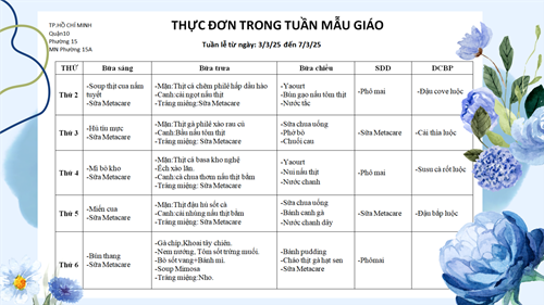 Thực đơn tuần lễ từ ngày: 3/3/2025 đến 7/3/2025
