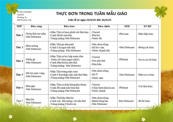Thực đơn tuần lễ từ ngày 24/4/25 đến 26/4/25