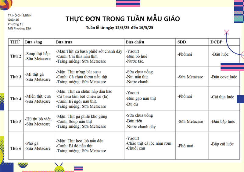 Thực đơn uần lễ từ ngày 12/5/25 đến 16/5/25