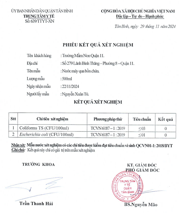 Phiếu xét nghiệm nguồn nước