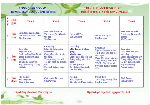 Thực đơn của bé (Tuần 17/02 đến 21/02/2025) tại Trường Mầm non Quỳnh Hương