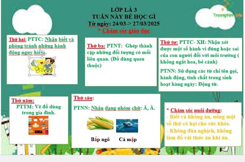 Kế hoạch chăm sóc nuôi dưỡng, giáo dục lớp Lá 3 từ ngày 24/3 đến ngày 28/3/2025