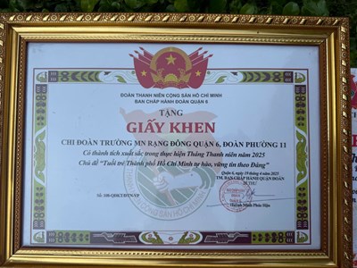 Tập thể Chi Đoàn trường Mầm non Rạng Đông Quận 6 được tặng Giấy khen có thành tích xuất sắc thực hiện Tháng Thanh niên năm 2025.