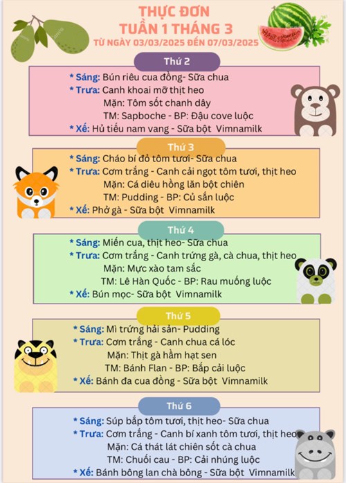 Thực đơn tuần 01 tháng 03/2025 của các bé Trường Mầm non Rạng Đông Quận 6 Năm học 2024 - 2025.