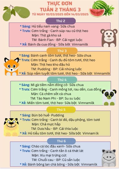 Thực đơn tuần 02 tháng 03/2025 của các bé Trường Mầm non Rạng Đông Quận 6 Năm học 2024 - 2025.