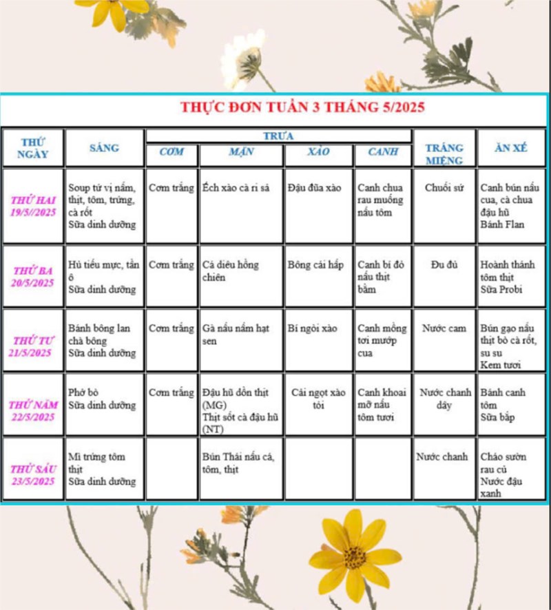 Thực đơn Tuần 3 tháng 5/2025 (từ ngày 19/5 đến ngày 23/5/2025)