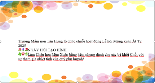 Trường Mầm non Tân Hưng tổ chức chuỗi hoạt động Lễ hội Mừng xuân Ất Tỵ 2025
🍀🍄🌿 Làm Chậu hoa Mùa Xuân bằng kẽm nhung dành cho các bé khối Chồi với sự tham gia nhiệt tình của quý phụ huynh!