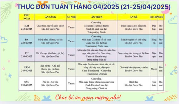 Thực đơn Tuần tháng Tư của Trẻ (21-25/4/2025)