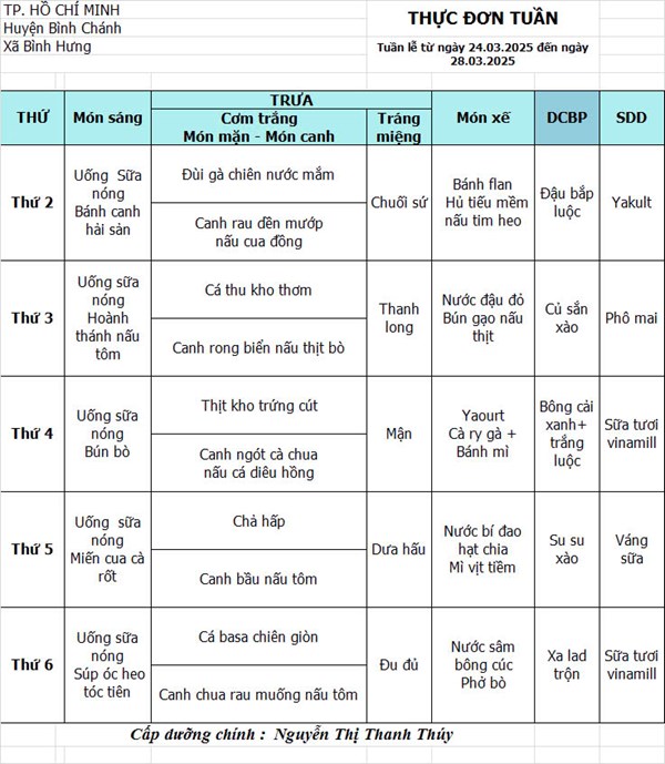 Thực đơn tuần 24.3.2025 đến 28.03.2025