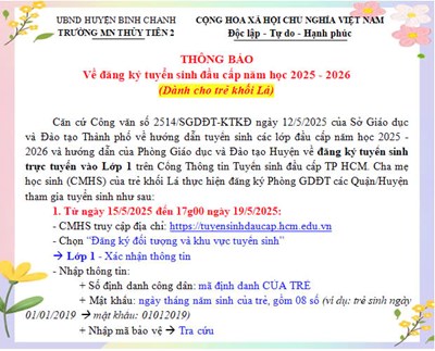 Hướng dẫn tuyển sinh đầu cấp năm học 2025 - 2026 (dành cho khối Lá tuyển sinh vào lớp Một)